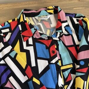 Big Dart Womens Multicolor Geometric Vintage Pop Art Button Up Blouse Shirt Top‎